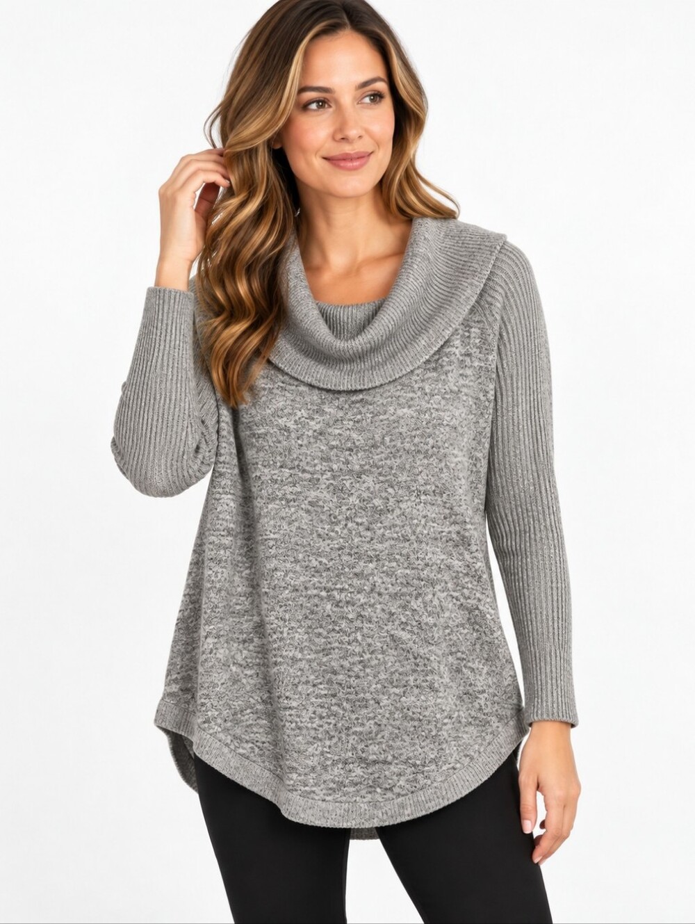 No Frills Los Angeles Gray Cowl Neck Tunic Sweater Top M